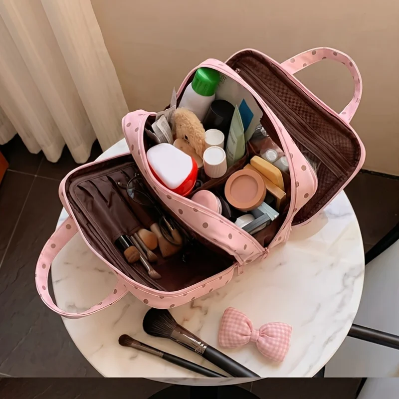 2026 New Model Polka Dot Portable Makeup Bag, Large Capacity Makeup Storage Bag Made of Pu Material with Layered Design, Three-Layer Partition Design, Can Be Hung on a Suitcase, with Multiple Mesh Pockets Inside, Travel Toiletry Bag, Storage Bag, with Sturdy Handle, Portable Makeup Bag for Women