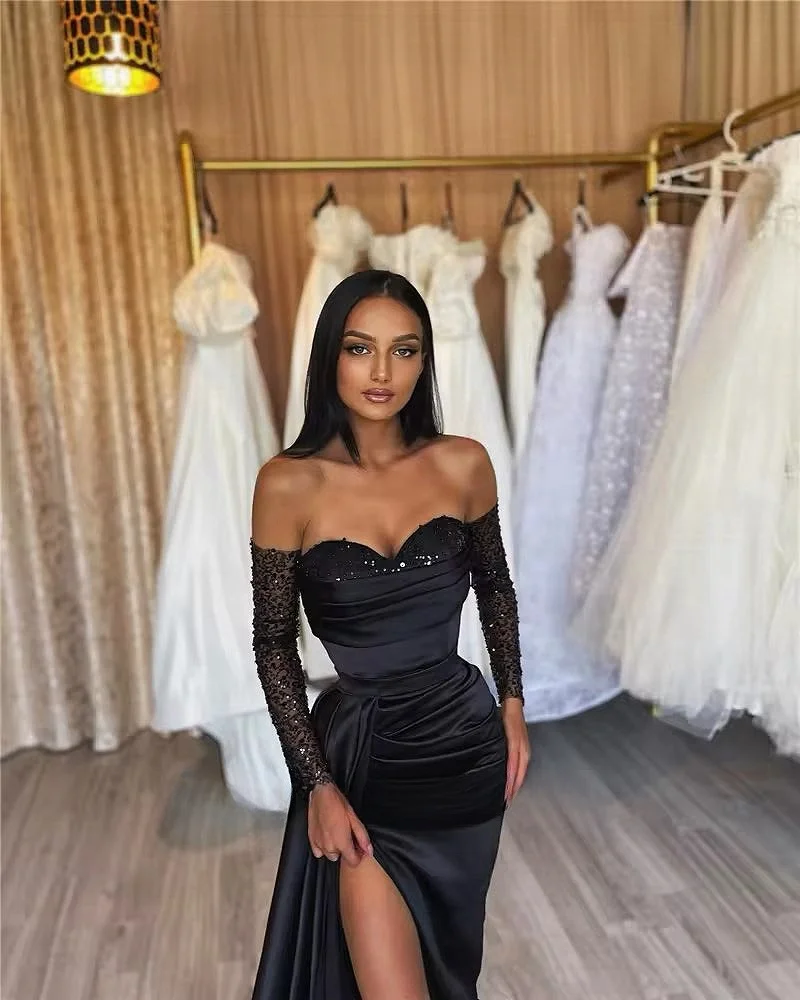 

Black Strapless Satin Prom Evening Dress High Split Forks Sweetheart Neckline Long Sleeve Sequin Formal Party Celebrity Gowns