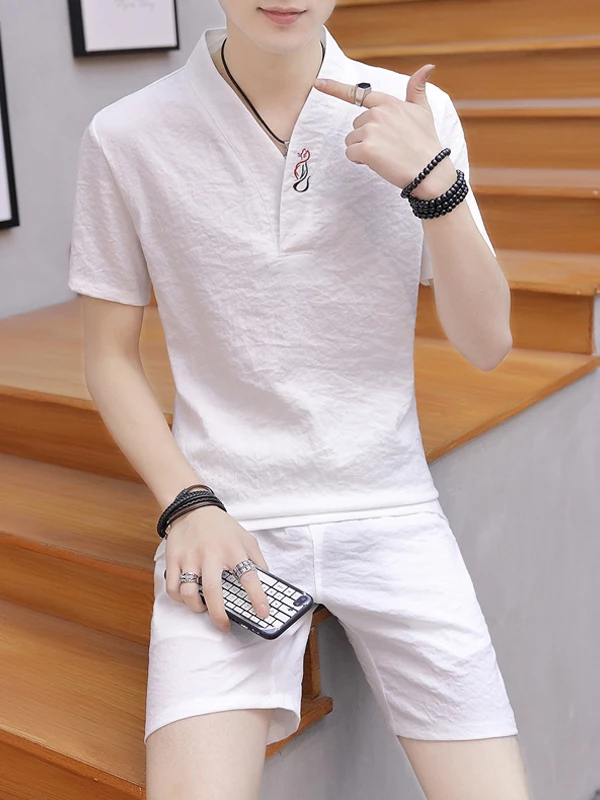

Summer Fashionable Cotton Linen Short Sleeve Set Men's V-neck Casual Ancient Style Color T-shirt Shorts Two-piece Set