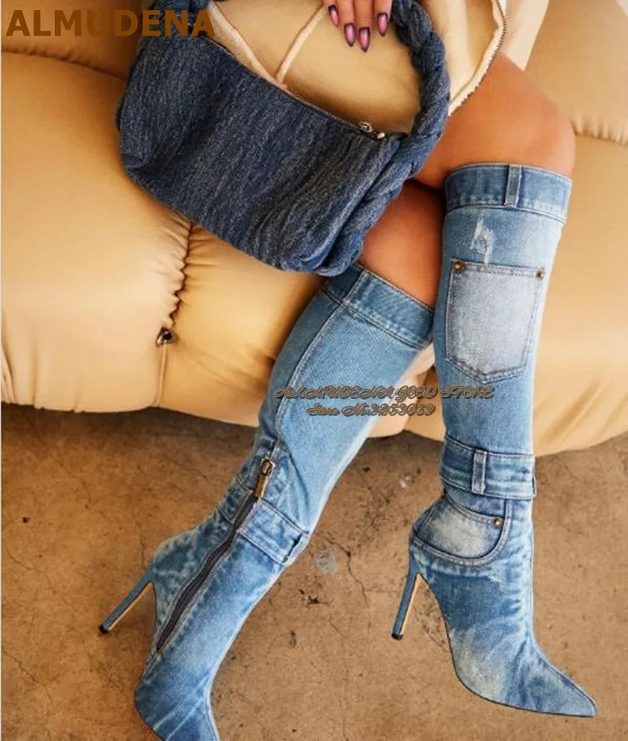 ALMUDENA Blue Denim Retro Stylish Knee High Boots Thin High Heel Pointed Toe Pocket Tall Boots Zipped Buckle Strap Jeans Shoes