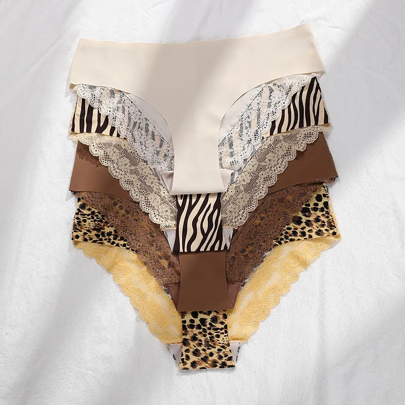 

Sexy women's animal print briefs, ice silk seamless breathable low rise sports lace panel women's briefs