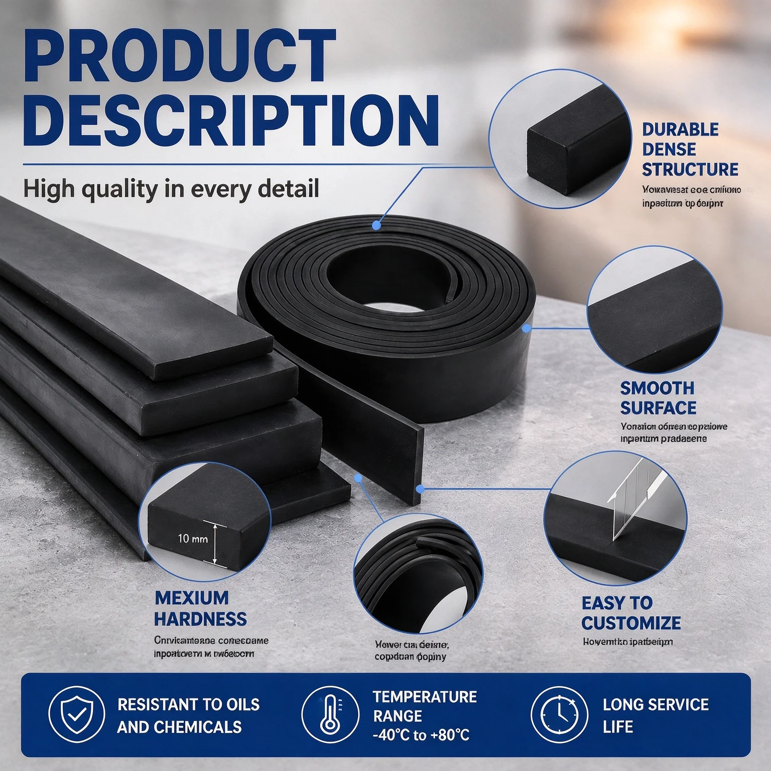 1 Meter Rubber Square Flat Seal Strip Oil Wear Pressure Resistant Waterproof Shock Absorption Marine Sealing Strip