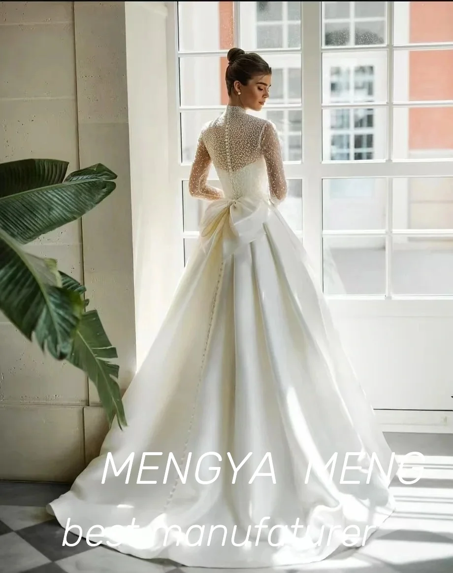 2025 High End Customized Luxe Satin A Line Wedding Dress Lavish Design High Neck Beaded Long Sleeve Princess Bridal Gown 2025