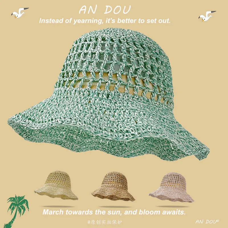 Women Summer Beach Vacation Straw Hat Large Brim Hollow Out Sun Bucket Hat Fresh Blue Mixed Color Breathable Straw Visor Cap