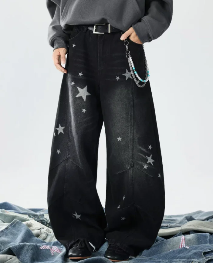 

Y2K женские мешковатые широкие джинсы 2025 стиль винтажные потертые джинсовые брюки со звездами уличная одежда свободные повседневные брюки w32
