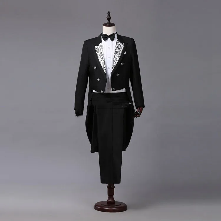 Men White Black Red Jacquard Lapel Tail Coat Stage Singer Costume Homme Wedding Groom Prom Tuxedo Suits Men Suit (Jacket+Pants)