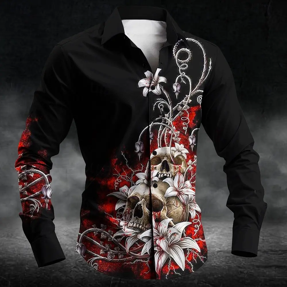 Halloween Skeleton Men's Button Shirt Long Sleeve Party Late Autumn Winter Shirt Flip Collar Button 3D Printed Skeleton Shirt