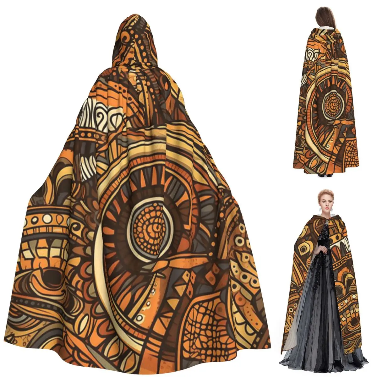 Tribal Ethnic Geometric Pattern Long Hooded Cloak Witch Medieval Costume Cosplay Cape HalloweenCoat Adult Unisex