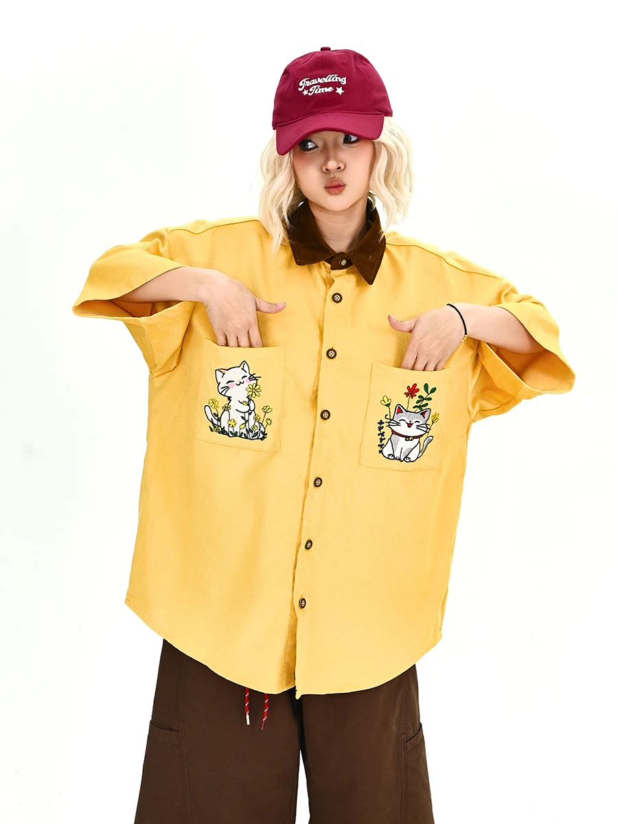 

Lazy Embroidered ort Sve irt Women's Loose BF American Retro College Sle Top Summer New Arrival Street Sle
