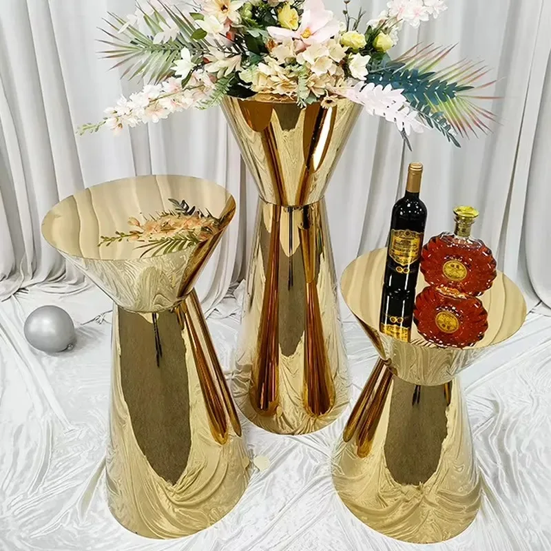 M827 Stainless Steel Gold Plated Hourglass Flower Stand Wedding Centerpiece Vase Dining Table Party Event Elevated Display