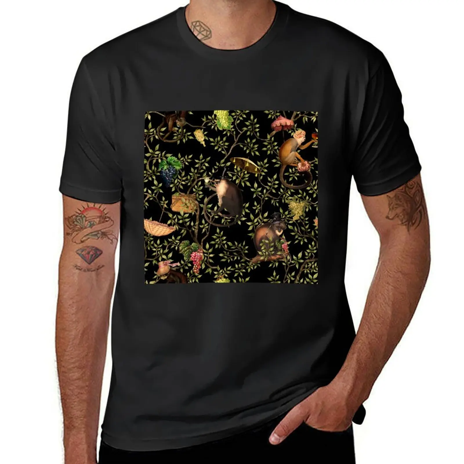 Vintage Chinoiserie Monkeys black Botanical Night Garden T-Shirt kawaii clothes hippie clothes clothes for men