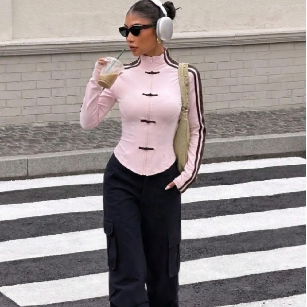 Slim Fit Frog Button Jacket Striped Pattern Long Sleeve Cropped Sweatshirts Y2K Aesthetic with Thumb Hole Casual Coat