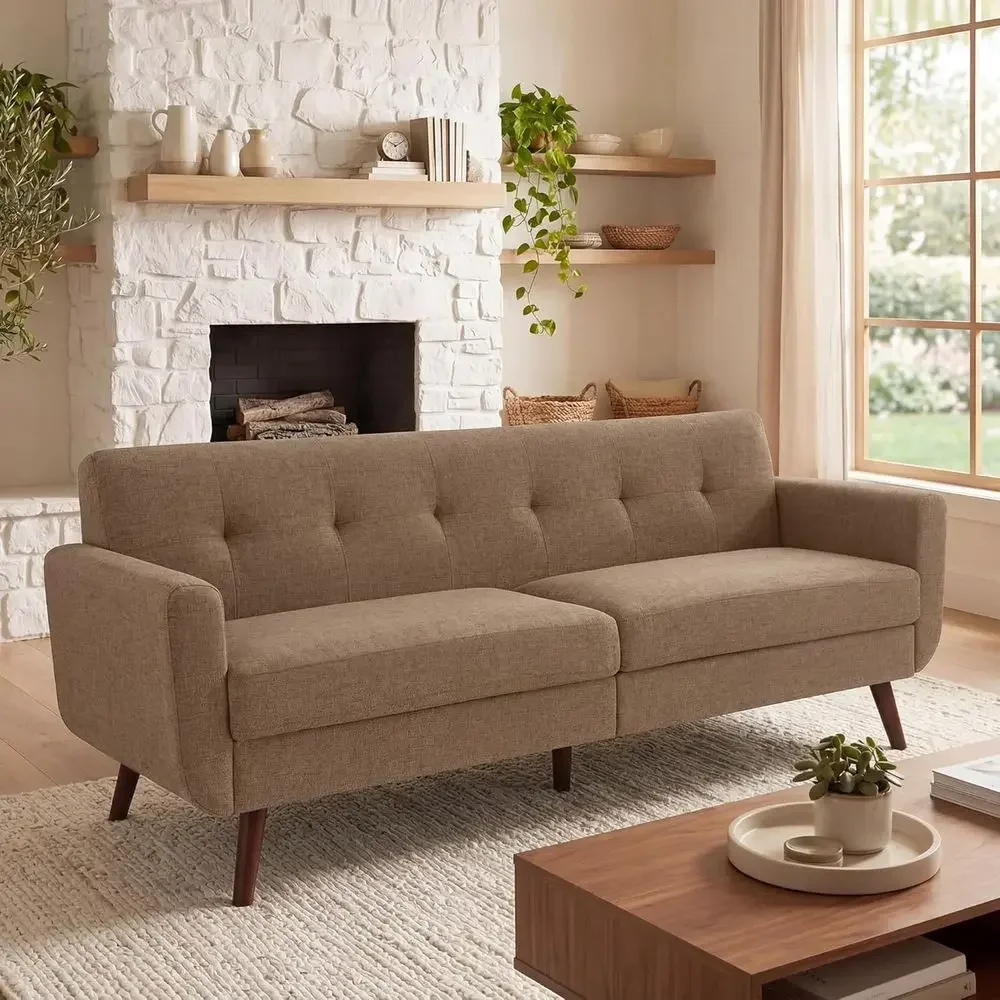 77.2 Linen Sofa, Modern Decor Loveseat, Button-Tufted Upholstered Couch for Living Room or Bedroom, Solid Brown, Easy Assembly L