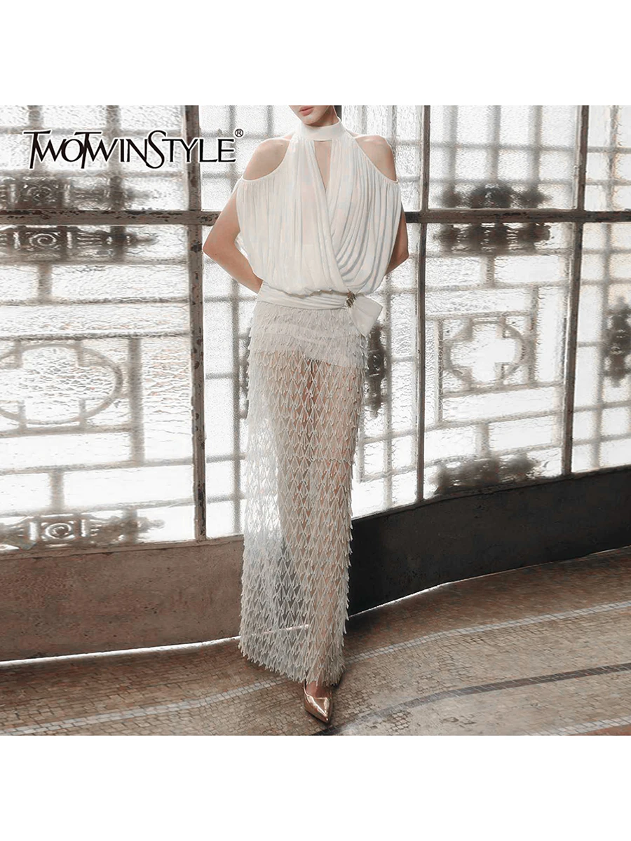 TWOTWINSTYLE Solid Spliced Sequined Fashion T Shirts for Women Round Neck Off Shoulder Tunic Patchwork Folds T Shirt Female New