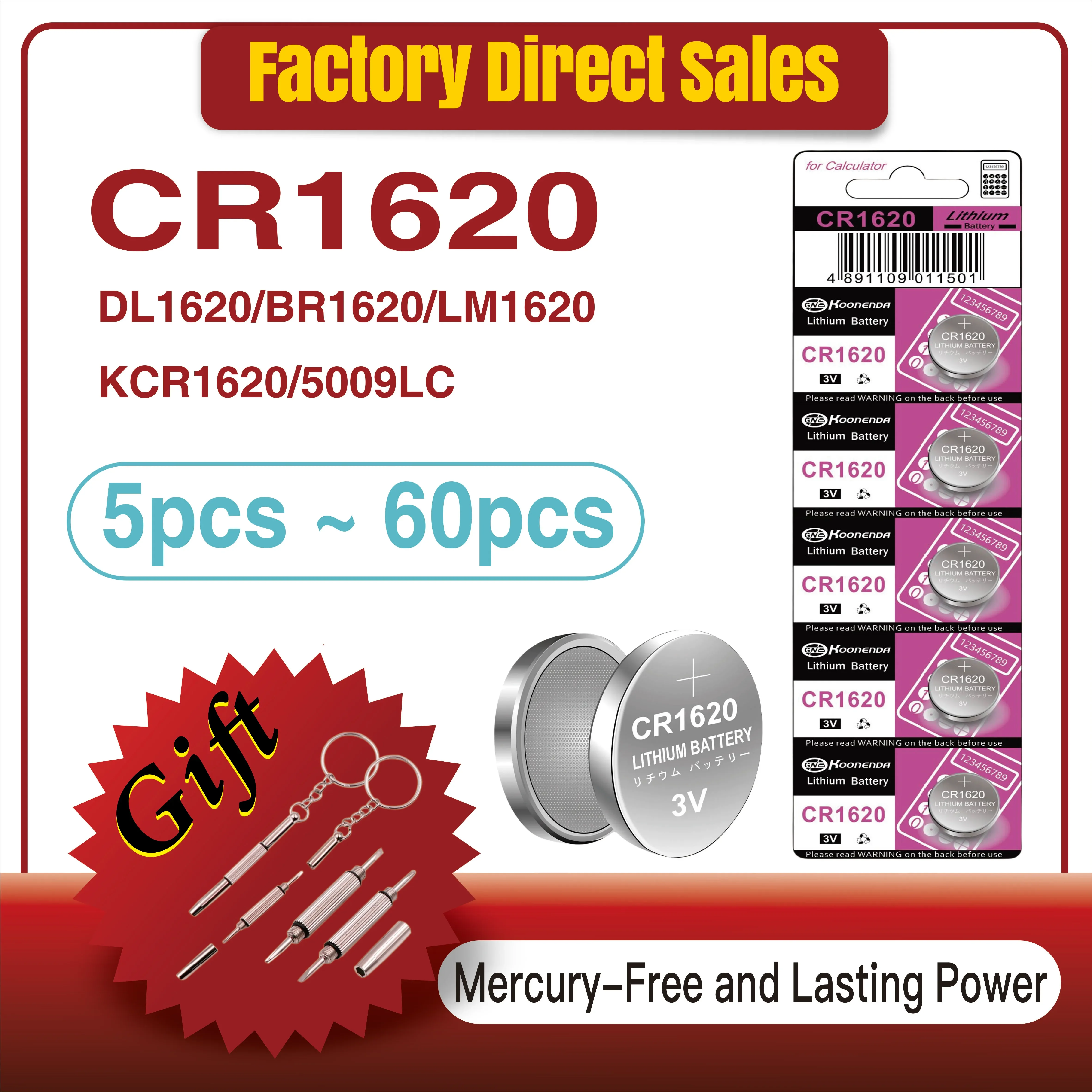 

5-60PCS CR1620 Button Cell 1620 3V Lithium Ion Battery DL1620 ER1620GP Suitable for Watch Car Key and Remote Control Batteries