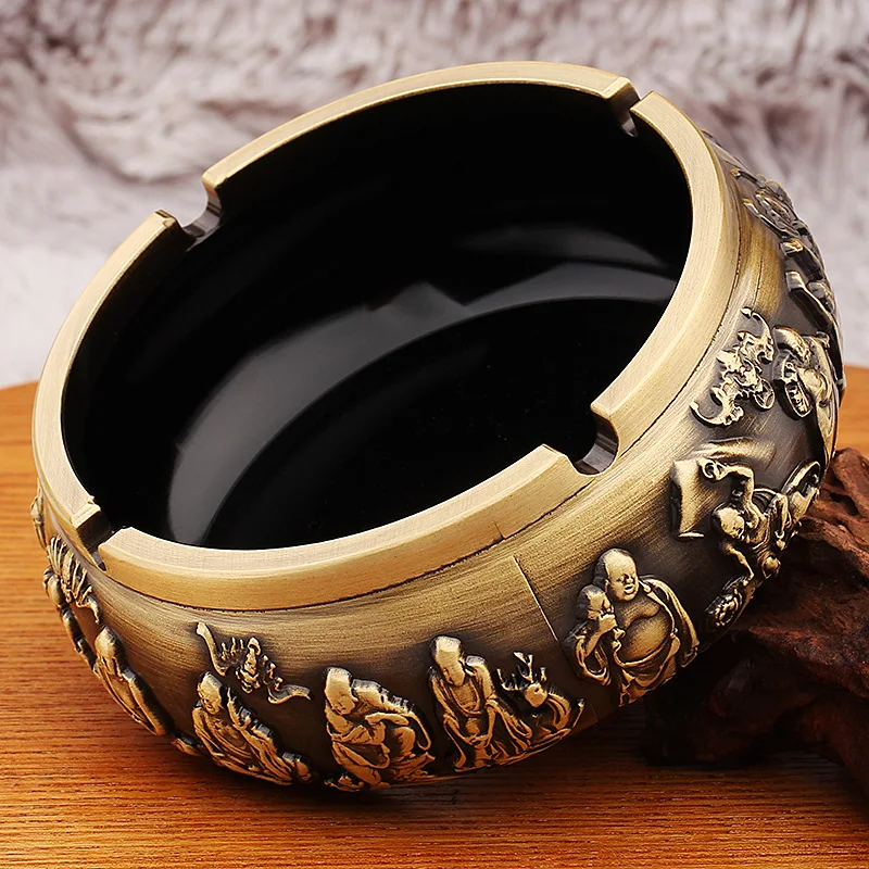 Brass Ashtray Retro Eighteen Arhat Buddha Statue High-end Living Room Desktop Feng Shui Ornament Relief Craft Wholesale