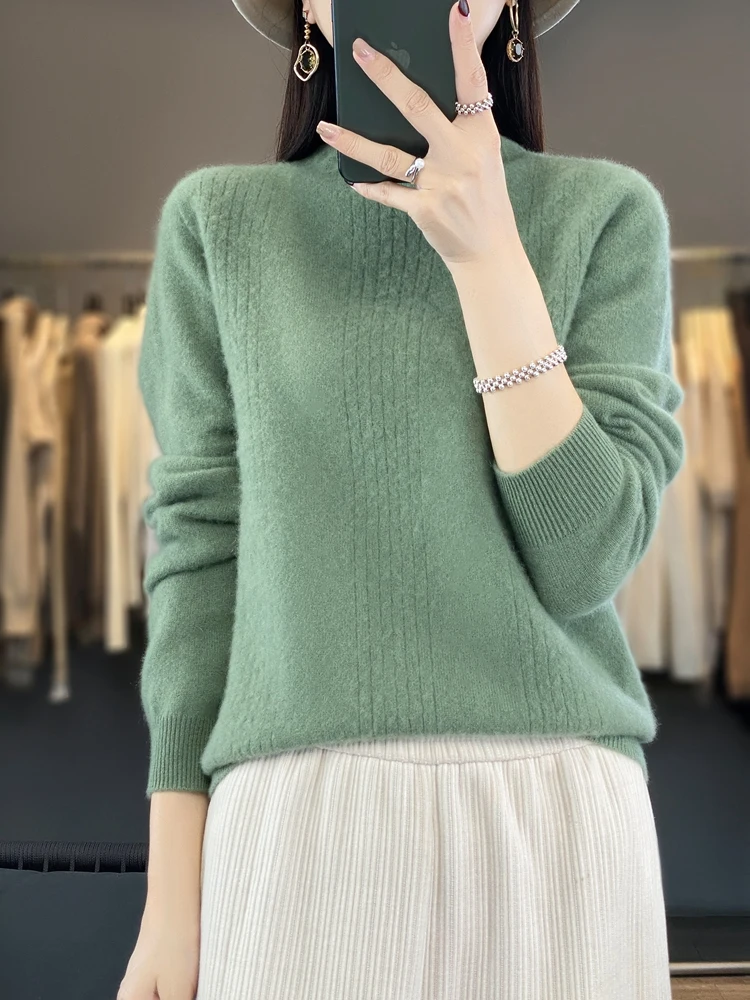 

Yoyoselect Women 100% Merino Wool Pullover Seamless Mock Neck Sweater Autumn Winter Basic Casual Cashmere Top Korean Clothing