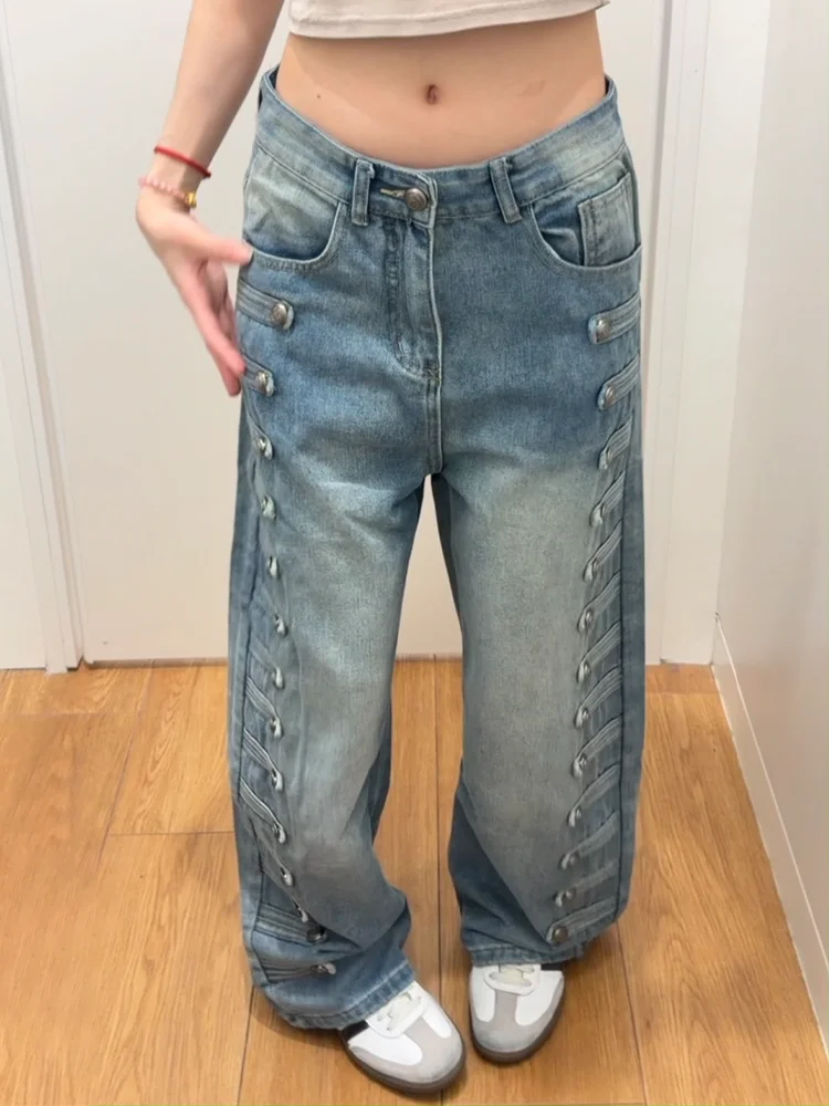 Loose Fit American Retro Court Design Women's Jeans High Waist Wide Leg Pants Personality Style Casual Wear Durable Denim