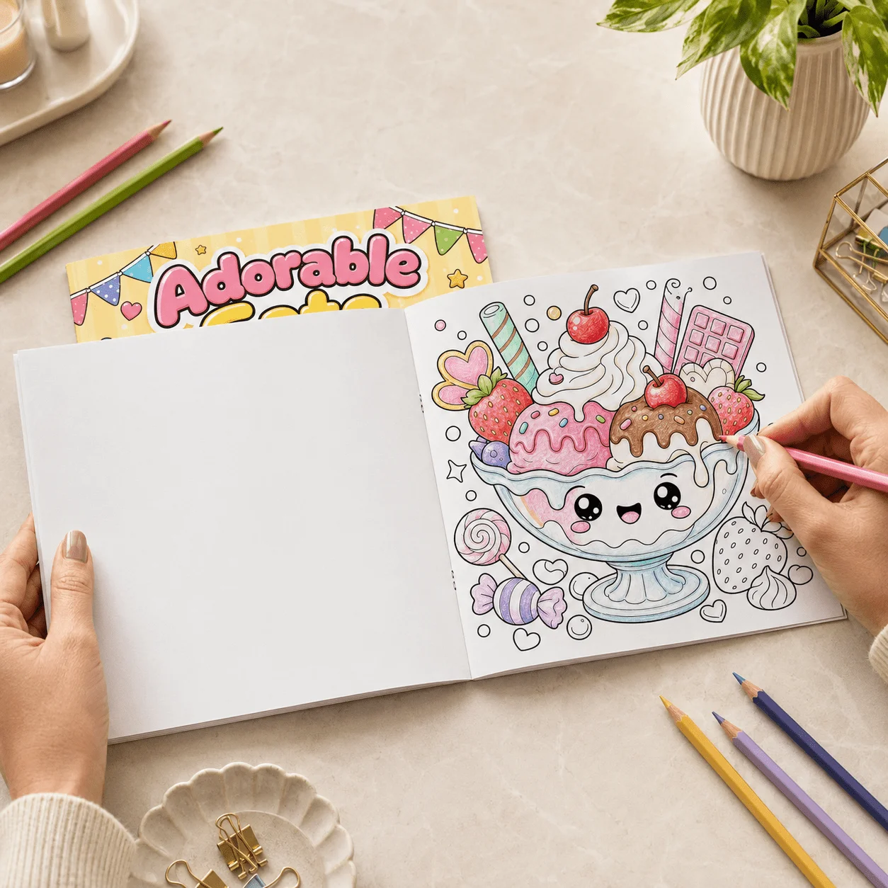 Adorable Eats Coloring Book, Kawaii Fast Food, Desserts, Ice Cream, Drinks and Bold-Line Pages for Adults and Teens
