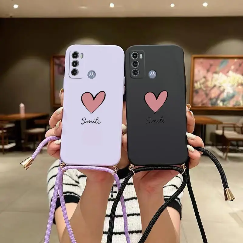 G60 Big Red Heart Lanyard Silicone Phone Case For Motorola Moto G60 G42 G62 G54 G30 G60S G40F G72 G34 G100 G22 G84 G24 G52 Cover