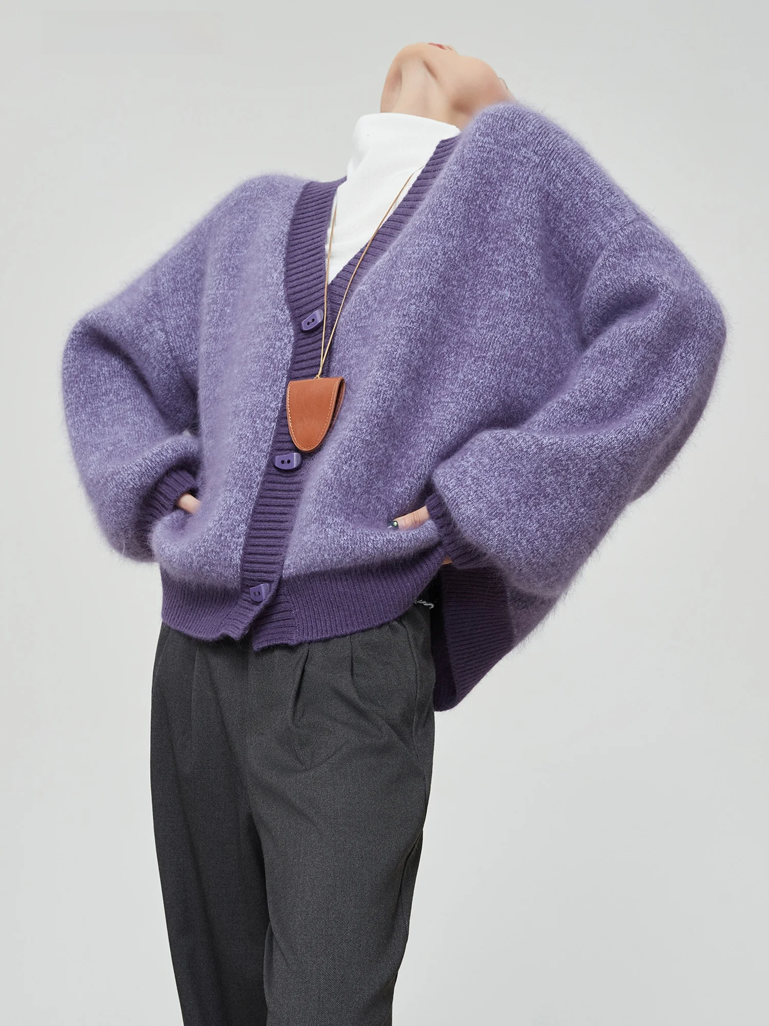 

Soft Purple V-Ne Knitted Sweater Coat Women's Warm Outerwear Autumn Winter New Sle Unique Beautiful Open Cardigan