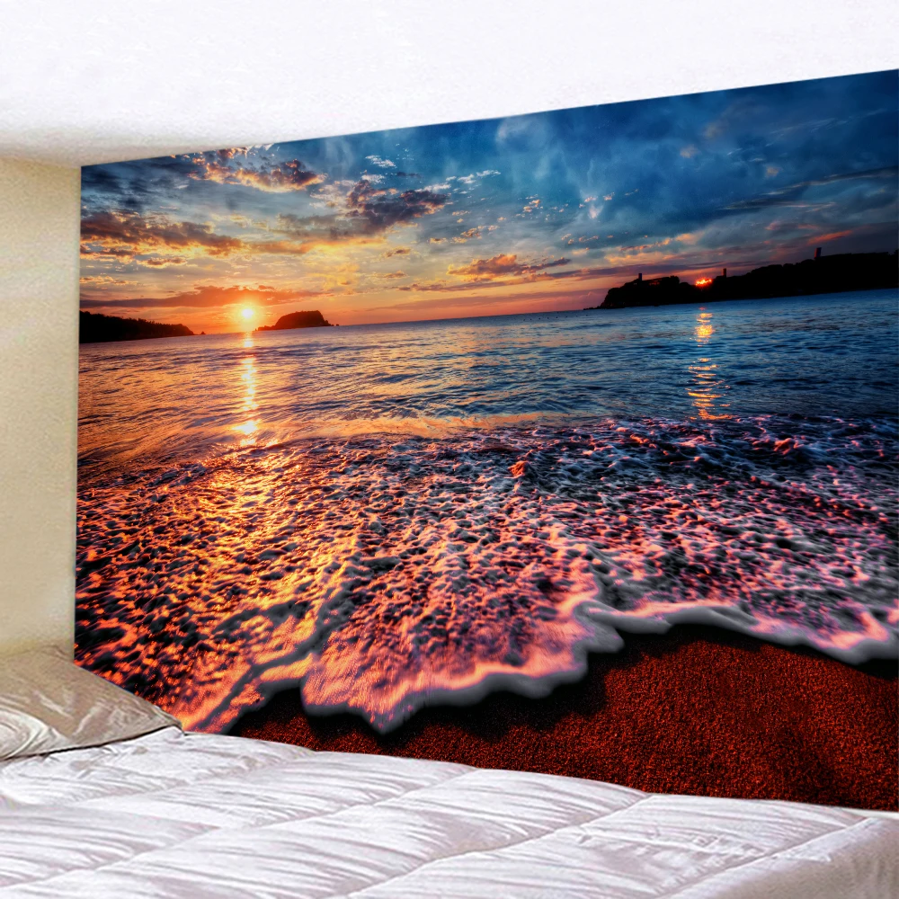 Beach Sunset Landscape Tapestry Wall Hanging Large Printed Fabric The Great Wave Coconut Tree  Aesthetic Dorm Room Decor