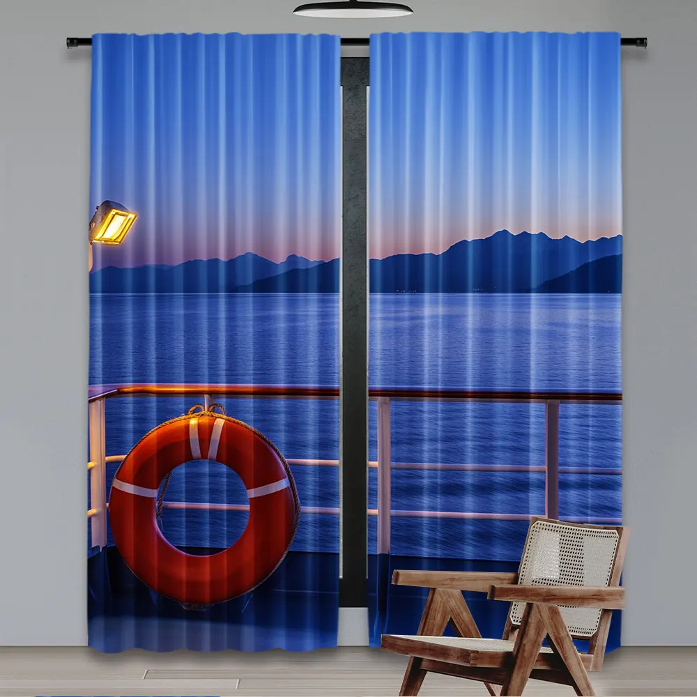 2Pcs Seaside Curtains Sea Walkway Lifebuoy Fence Bueatiful Popular Curtain Suitable For Living Room Bedroom Bar