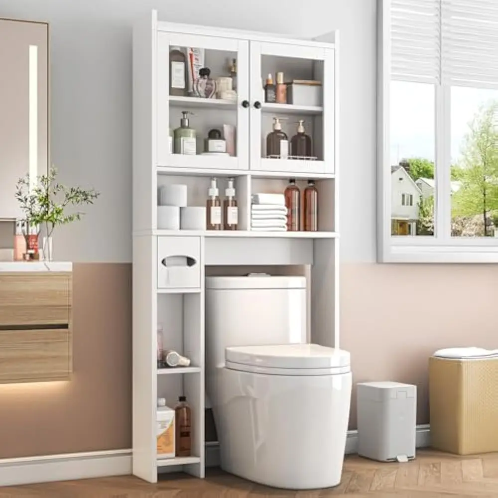 

The Toilet Storage Cabinet with Clear Doors, Behind Toilet Organizer with Toilet Paper Holder Stand, Above Toilet Shelf