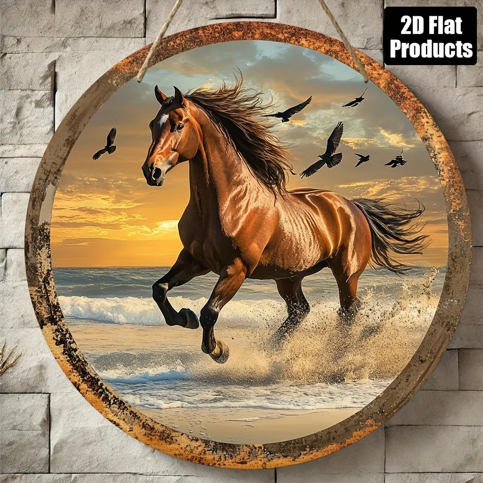 2D Flat 8x8 Inch Round Wooden Wall Art - Vibrant Horse in Motion with Ocean and Birds, Rustic Metallic Frame, Perfect for Home,