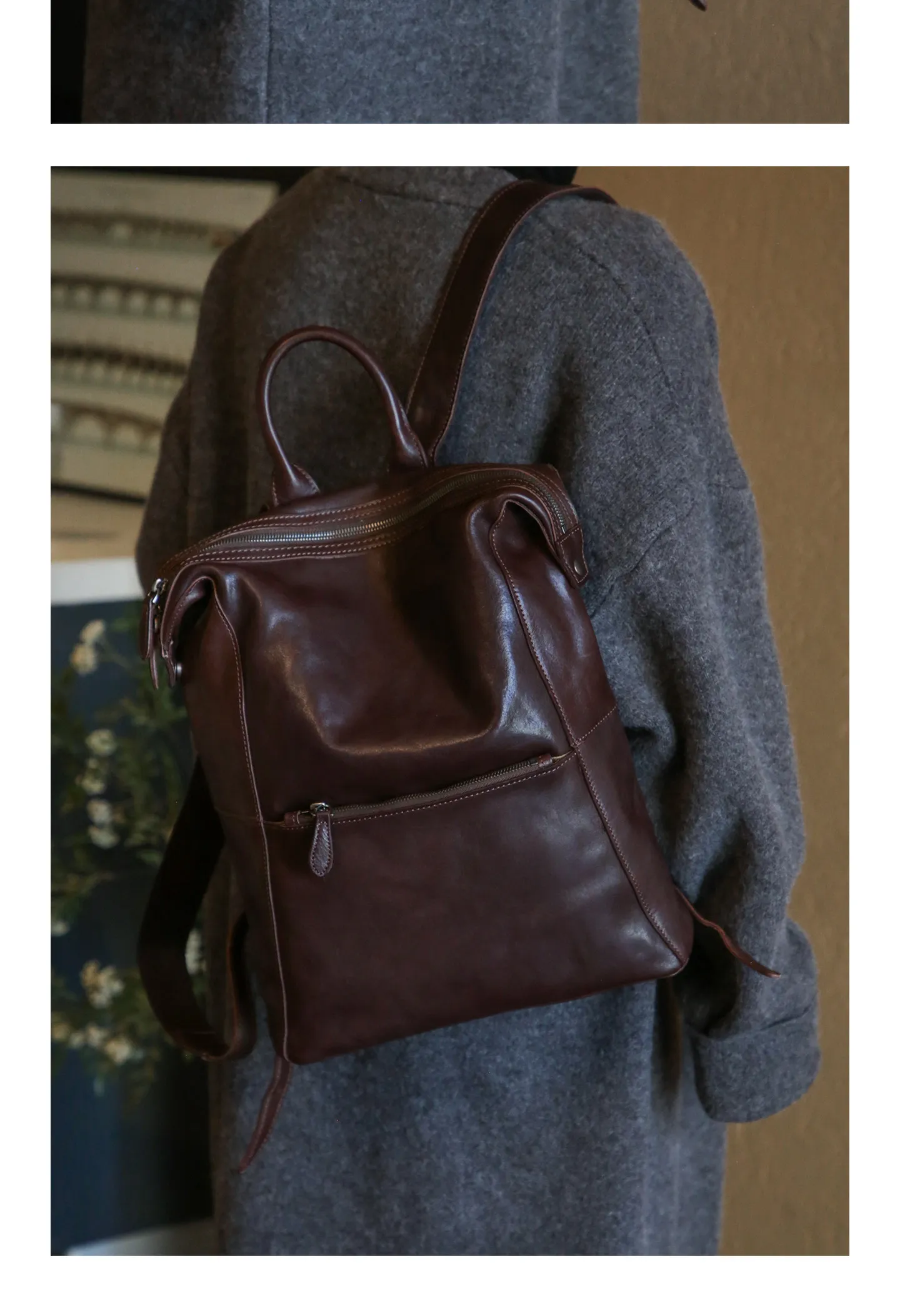 PNDME einfacher Vintage-Rucksack aus hochwertigem echtem Leder für Damen, lässiger, luxuriöser Schulrucksack aus pflanzlich gegerbtem Rindsleder für den täglichen Gebrauch. – Detail 9