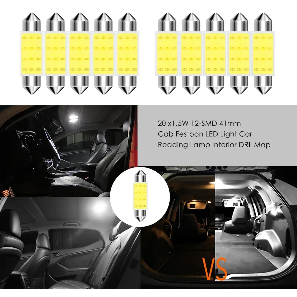 10Pcs COB C5W Car Festoon Dome Interior LED Lights Lamp Map Roof Reading Auto Bulb DC12V 31/36/39/41MM White