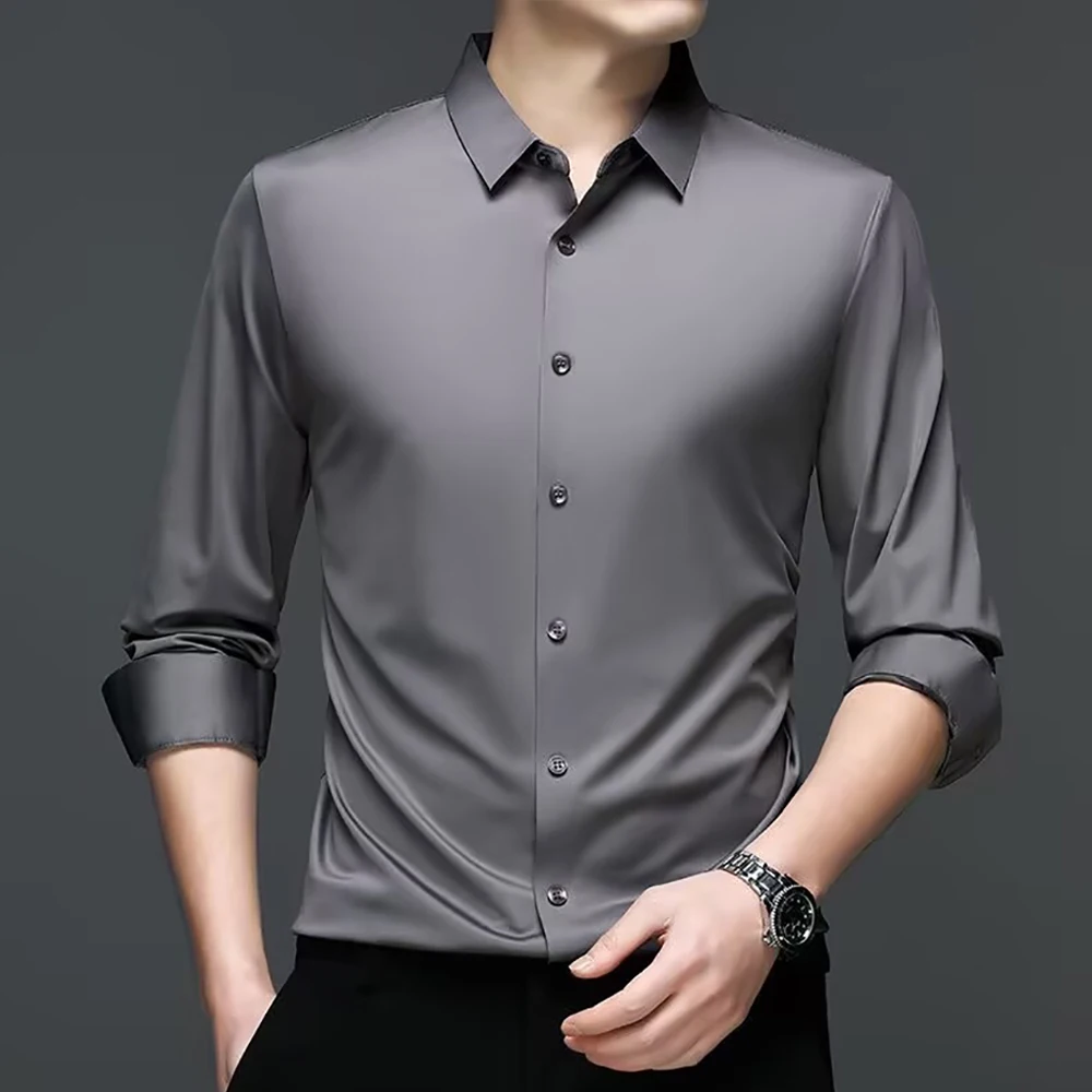 Summer New Men Satin Button Up Shirt Skull Rhinestone Print Back Slim Fit Smooth Silky Punk Style Casual Party Dress Shirts