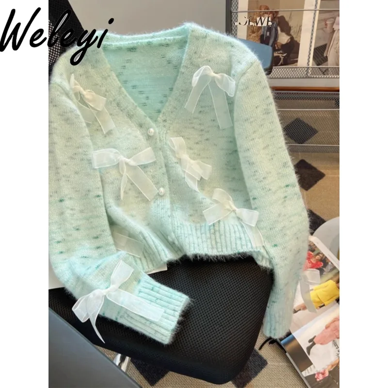 

Soft Girl Sweet Sweater Jumper Cardigan Gentle Women's Spring and Autumn New Bow Ribbon Knitwear V-neck Short Knitted Tops Mujer