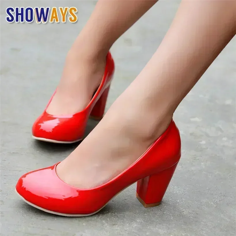 Spring Women Pumps Chunky Block High Heels Red Patent Leather Round Toe Casual Office Slip-on Dress Ladies Shoes Zapatos Mujer