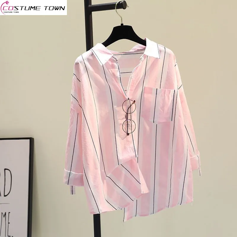 100% Pure Cotton Spring/summer New Striped Long Sleeved Shirt for Women Loose Fitting and Slimming Korean Version Shirt