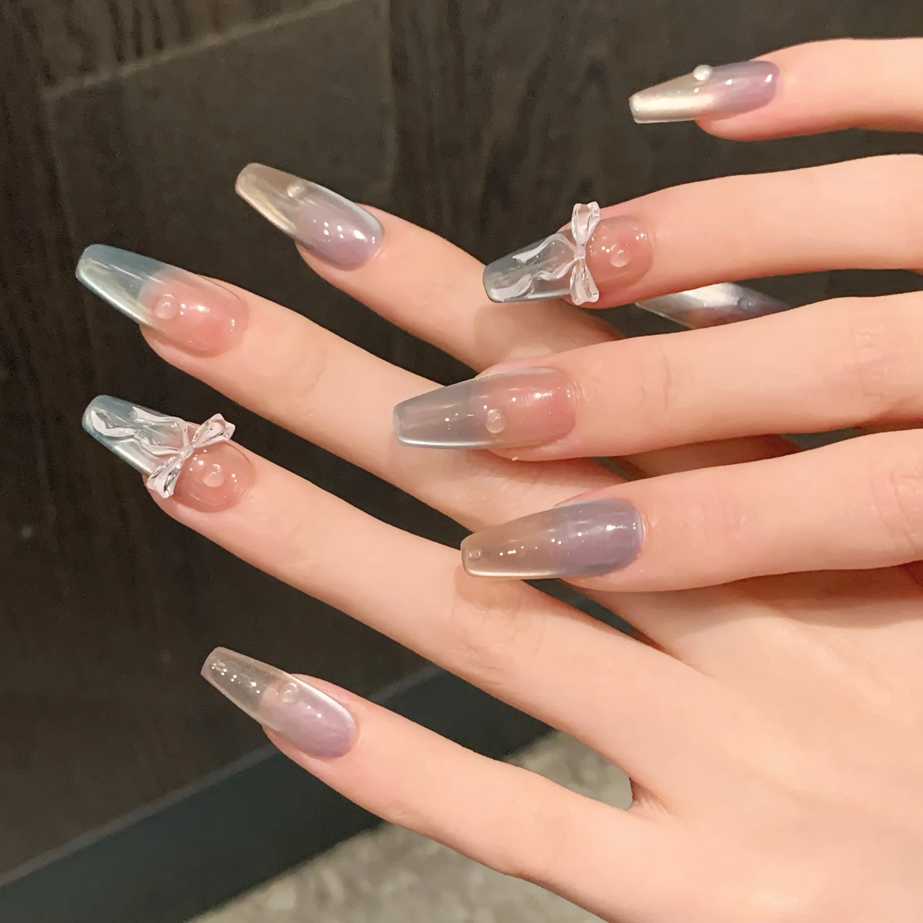 

10pcs Cat's Eye Handmade Press on Nails Art Summer Day Mid-length Ballet Fake Nails Tips Rhinestone Bow Design Blue False Nail