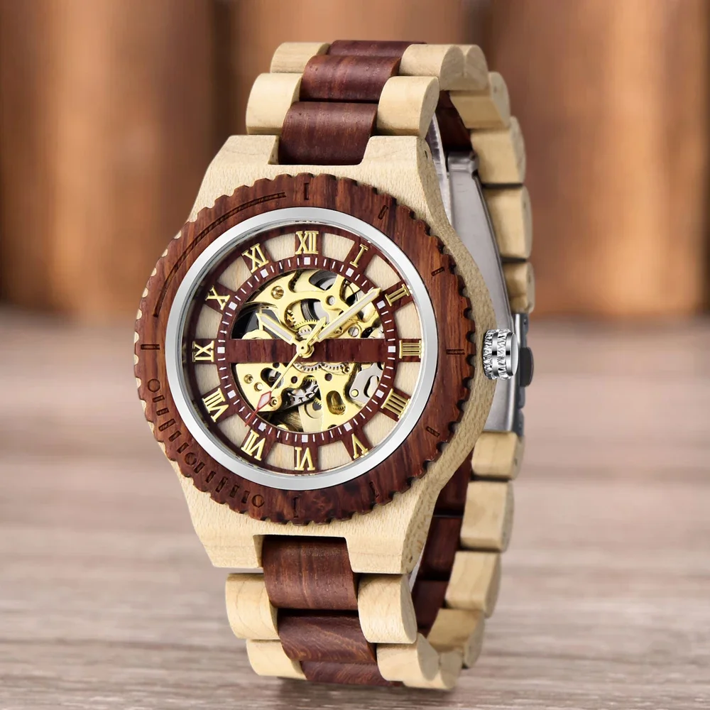 Men's Watch Wooden Watches Unique Automatic Business Mechanical Watch Wood Band Clock Skeleton Hollow Watch Top Brand Luxury