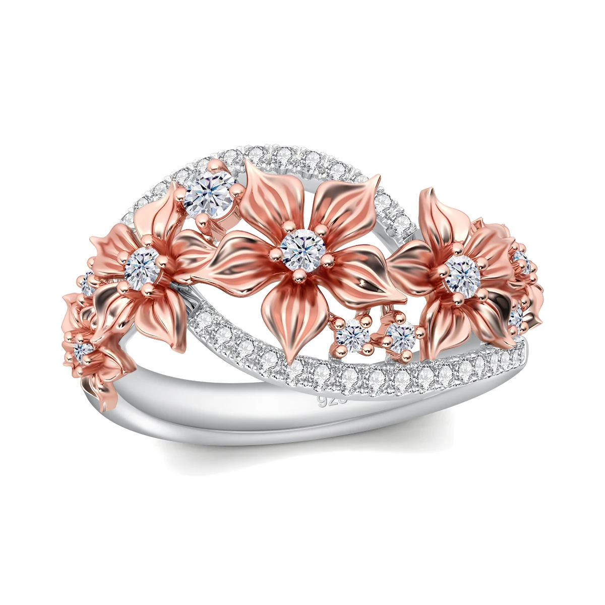 Einzigartiger, trendiger Blumen-Moissanit-Ring mit Zertifikat, luxuriöser Ehering für Damen, Verlobungsfeier, Schmuckzubehör im Angebot – Detail 6
