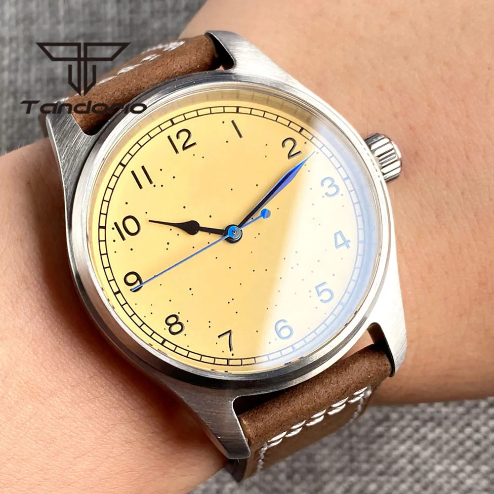 Tandorio Vintage einfache 39 mm wasserdichte Tauchautomatik Herren Fliegeruhr Saphirglas NH35/PT5000/Miyota8215 gelbes Zifferblatt 20ATM