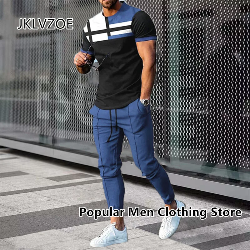 2 Piece Set Outfits Men\'s Trousers Tracksuit 3D Printed Summer Street Clothes Jogger Sportswear Short Sleeve T Shirt+Long Pants