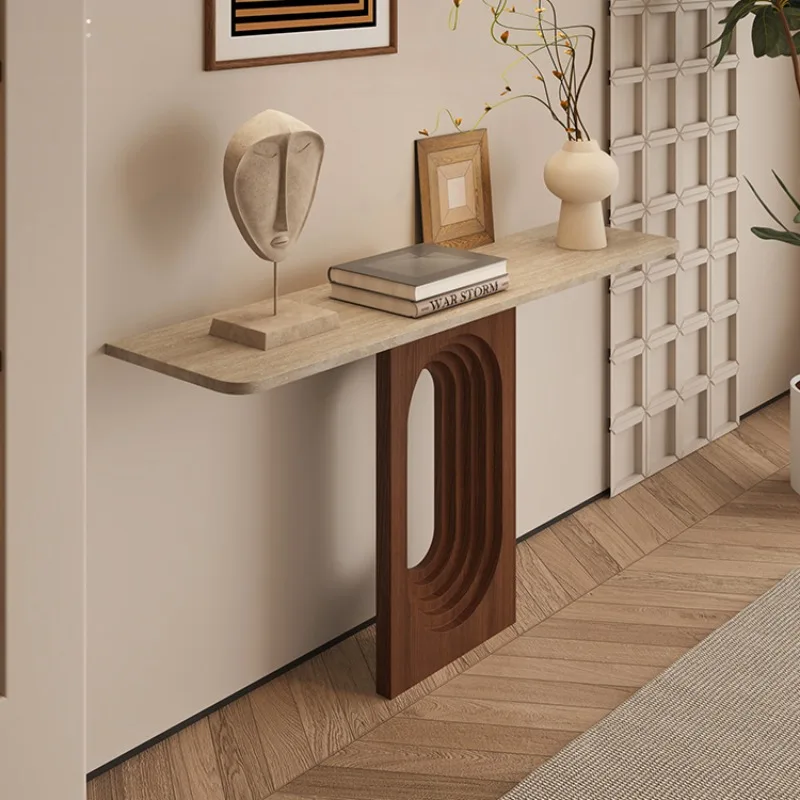 Living Room Furniture Narrow Long Bege Travertine Stacked Base Rectangular Marble Table Modern Console Table