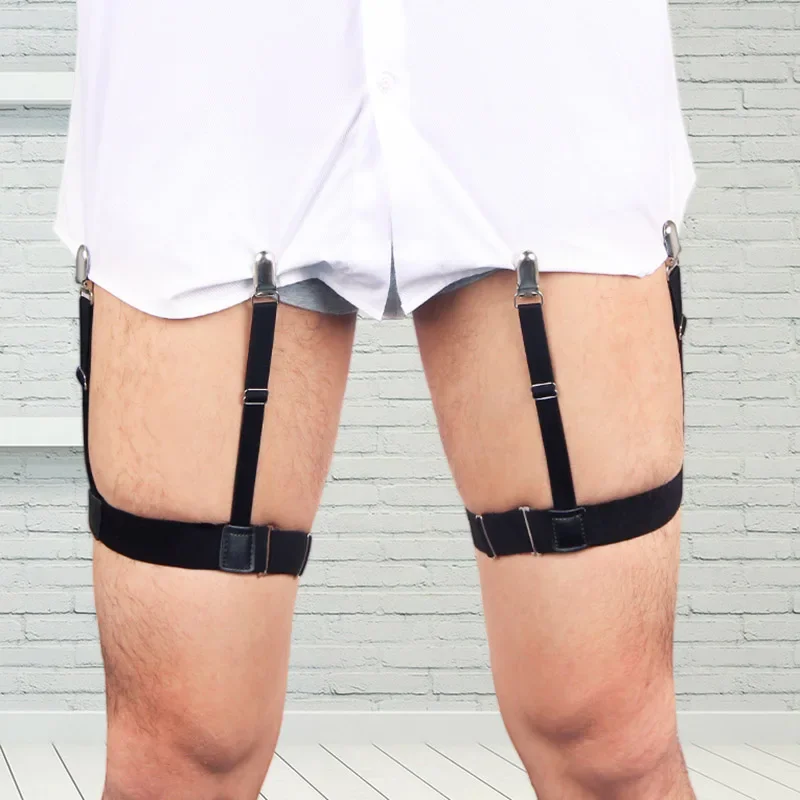 1คู่ใหม่ผู้ชายเสื้อ Stays เข็มขัดลื่นสบายล็อคคลิปเก็บเสื้อ Tucked ขาต้นขา Suspender garters สายคล้อง