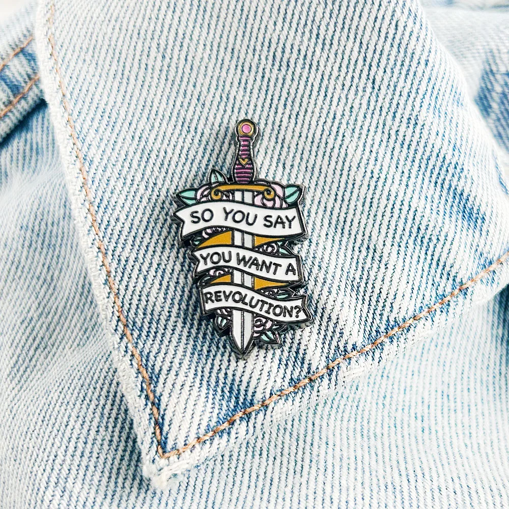 So You Say You Want a Revolution Lapel Pin Sword And Rose Brooch Pastel Art Lyrics Jewelry Revolutionary Accessories