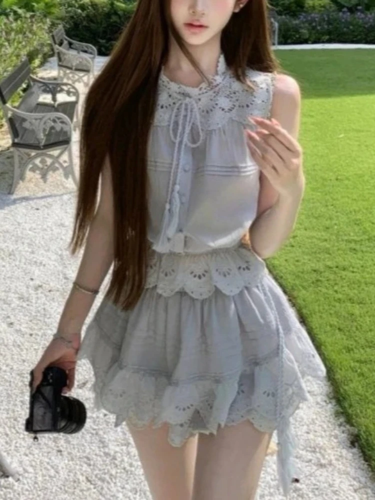 Summer Seaside Slim Fit Party 2 Piece Set Sleeveless Lace Blouse + Tiered Ruffle Skirt Women Birthday French Elegant Outfits New