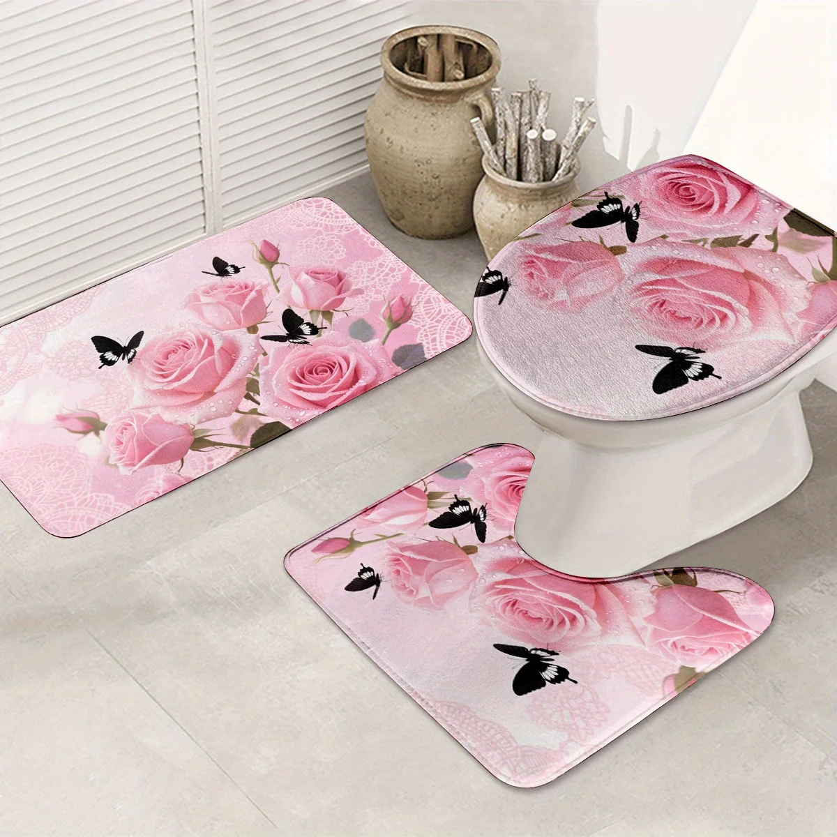 Pink Rose & Butterfly Bathroom Mat Set – 3-Piece Non-Slip Flannel, Soft Absorbent with Toilet Cover & U-Shaped Rug
