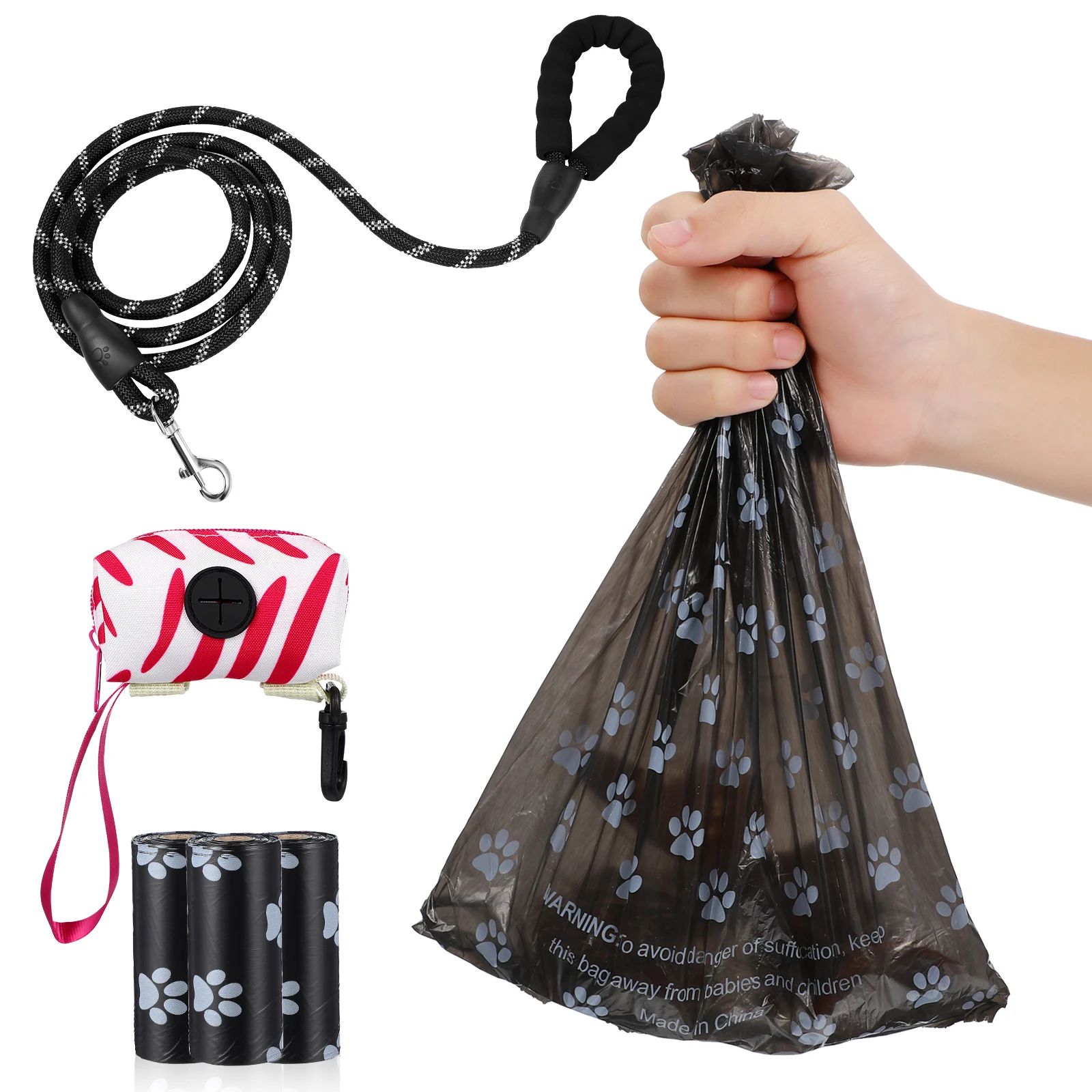 

1 Set Dog Leash Poop Bags Kit With Dispenser Nylon Pet Traction Rope For Walking Outdoor Use Large Medium Dogs Dog Supplies