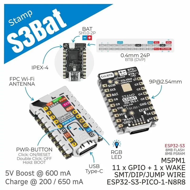 M5stamps3 ESP32-S3 Stamp-S3bat BAT Module Embedded Core Module With Battery Connector Integrated Power Management-【A74Z Miuai】