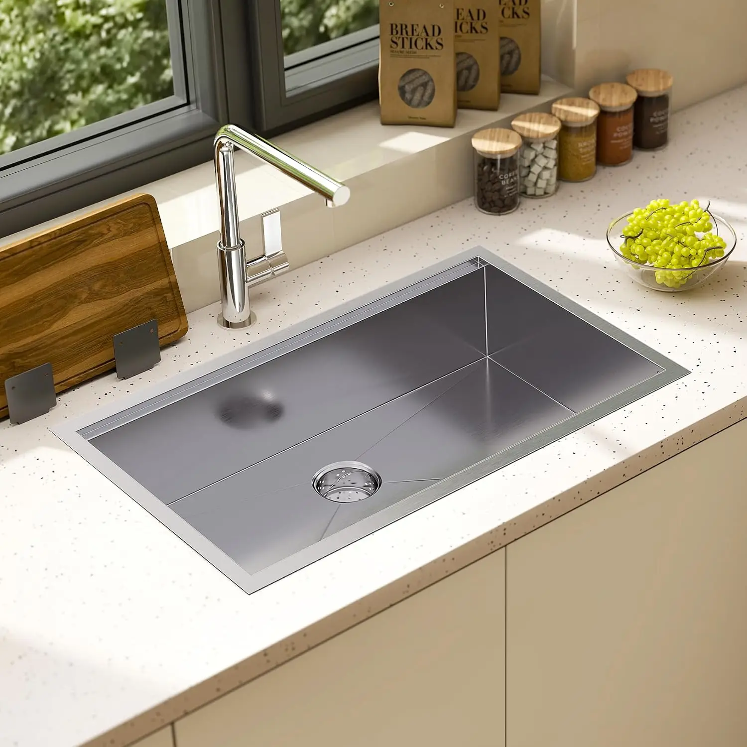 32x19 Undermount Kitchen Sink Workstation, 16 Gauge 304 Stainless Steel Single Bowl with Cutting Board, Drying Rack & Drain Assembly