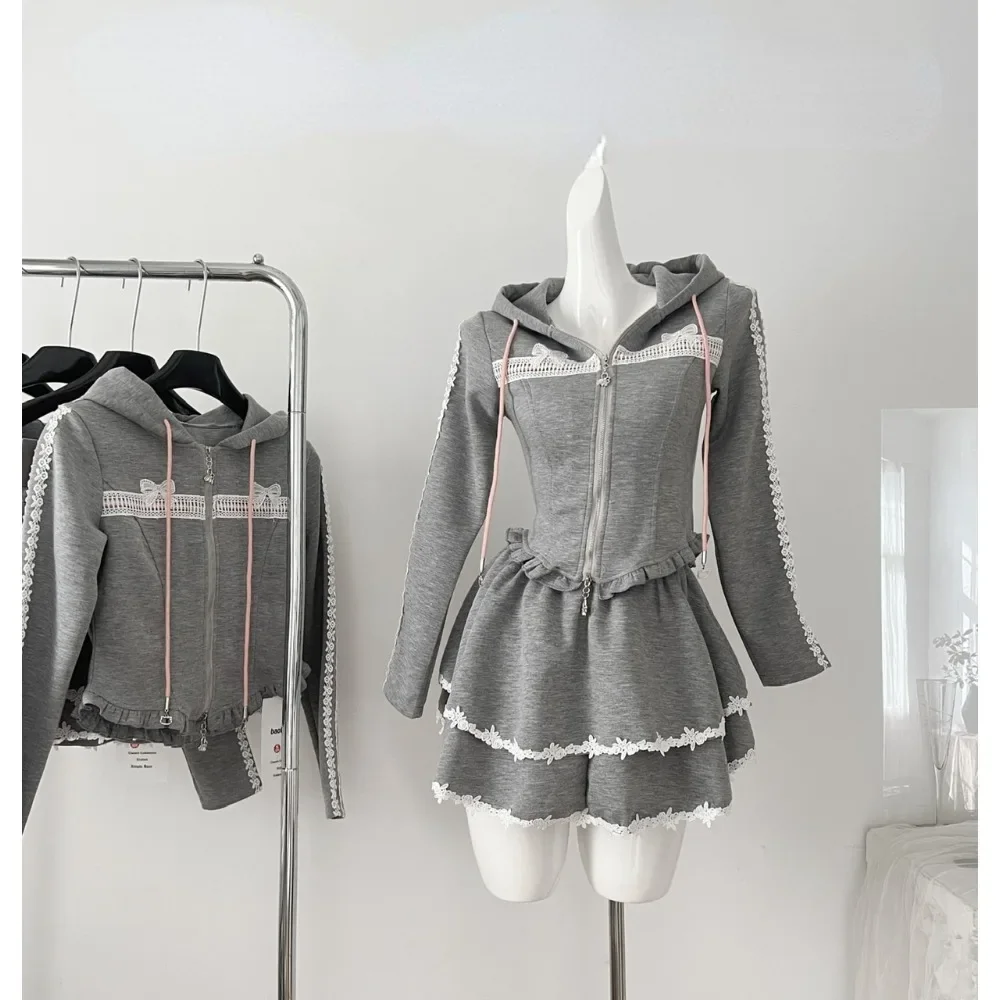 Japanese Y2k Elegant New 2 Piece Sets Women Gray Hooded Design Harajuku Mini Skirt Suit Female Bow Korea Style Chic Set Autumn