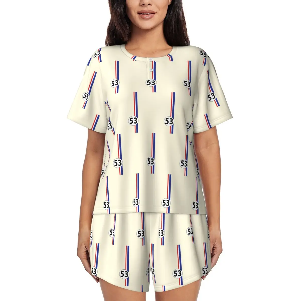 

Ночная рубашка Herbie Number 53 с круглым вырезом и короткими рукавами для сна, женский свободный пижамный комплект с короткими штанами